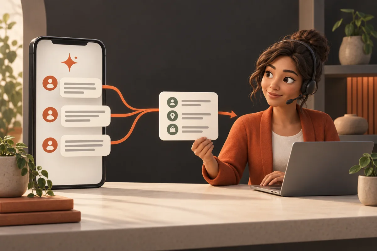 Illustrated customer conversation and its summary passing from an assistant to a staff member