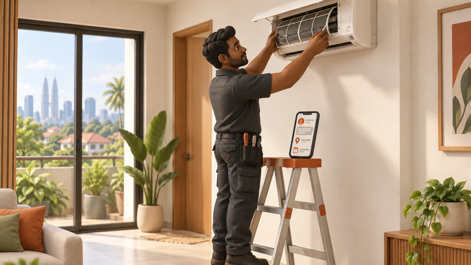 Illustration: an air-conditioning technician keeps working while his phone shows a customer enquiry with the location and a preferred date