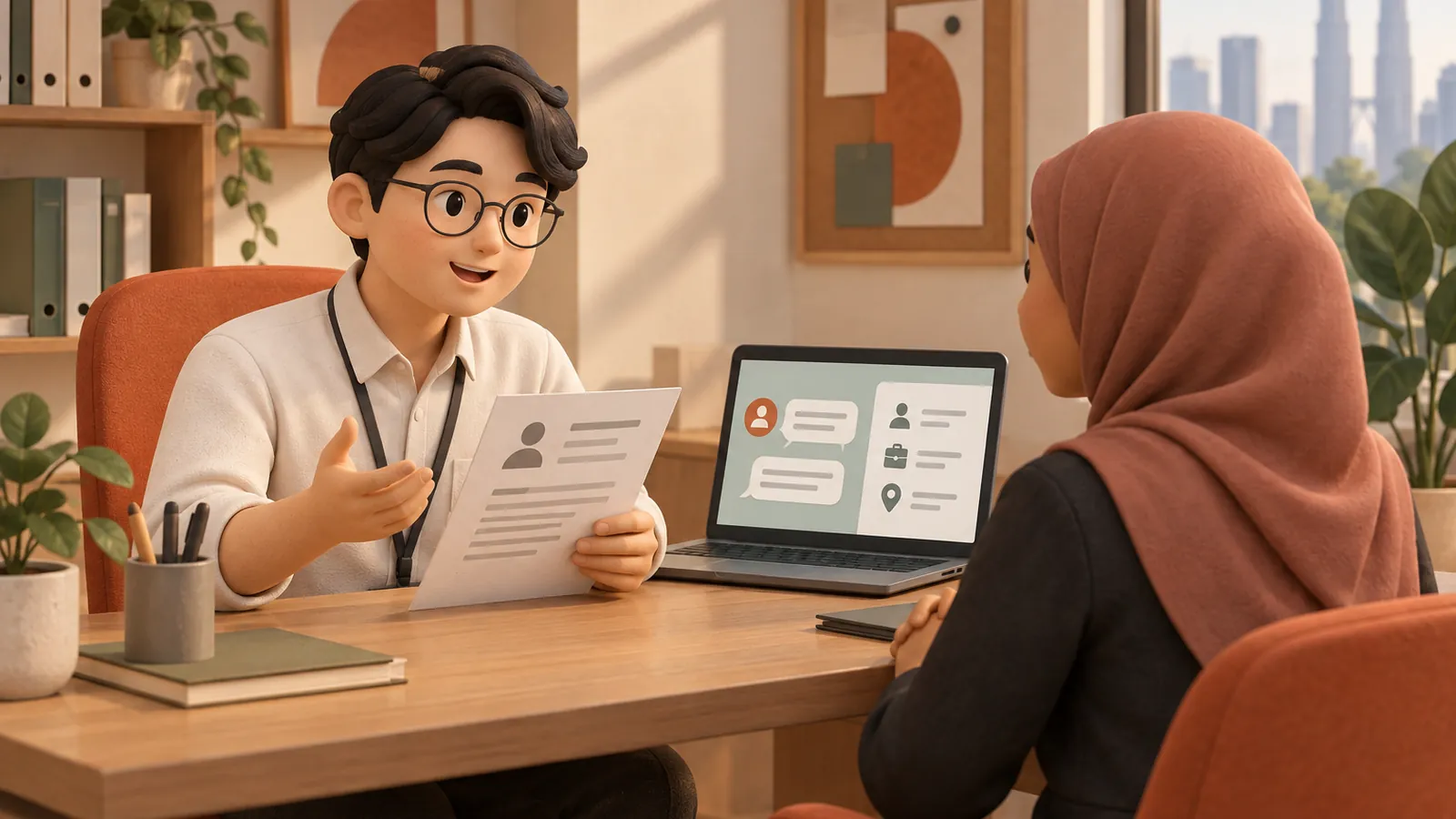 Illustration: a recruitment consultant reviews a CV with a candidate while a laptop shows a tidy summary of a WhatsApp enquiry